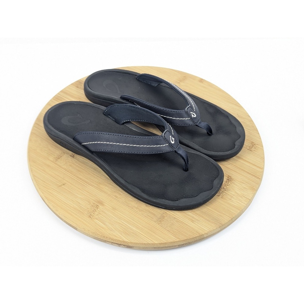 Olukai Sandals Womens 9 Ohana Flip Flops Black Blue Beach Thong Comfort Slides